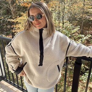 Cozy Cream Sherpa Pullover Jacket with Black Trim